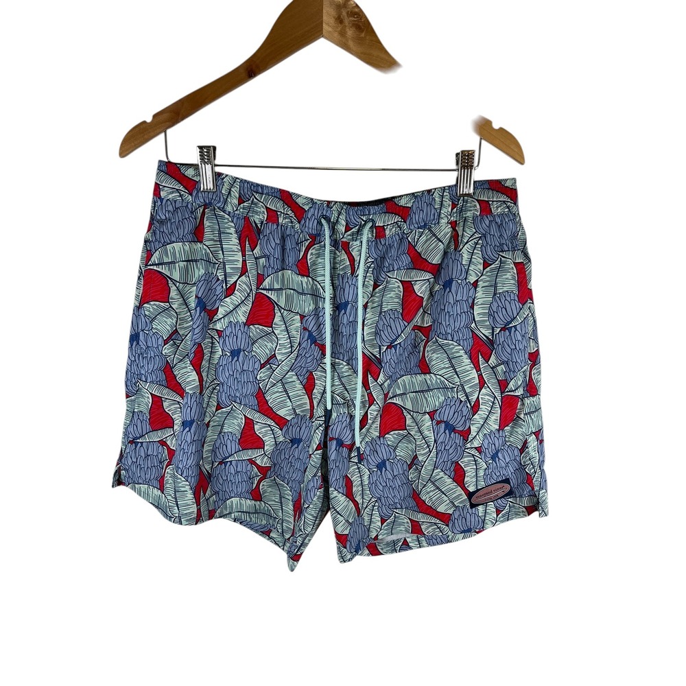 Vineyard Vines Men Medium Swim Trunks Red Blue Tropical Banana Leaf Board Shorts
